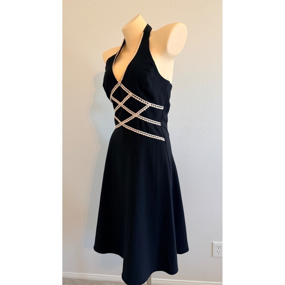 Vintage Byer Too Black Halter Dress Size 11 Crochet Trim V-Neck Backless 90s Y2K - Picture 6 of 11